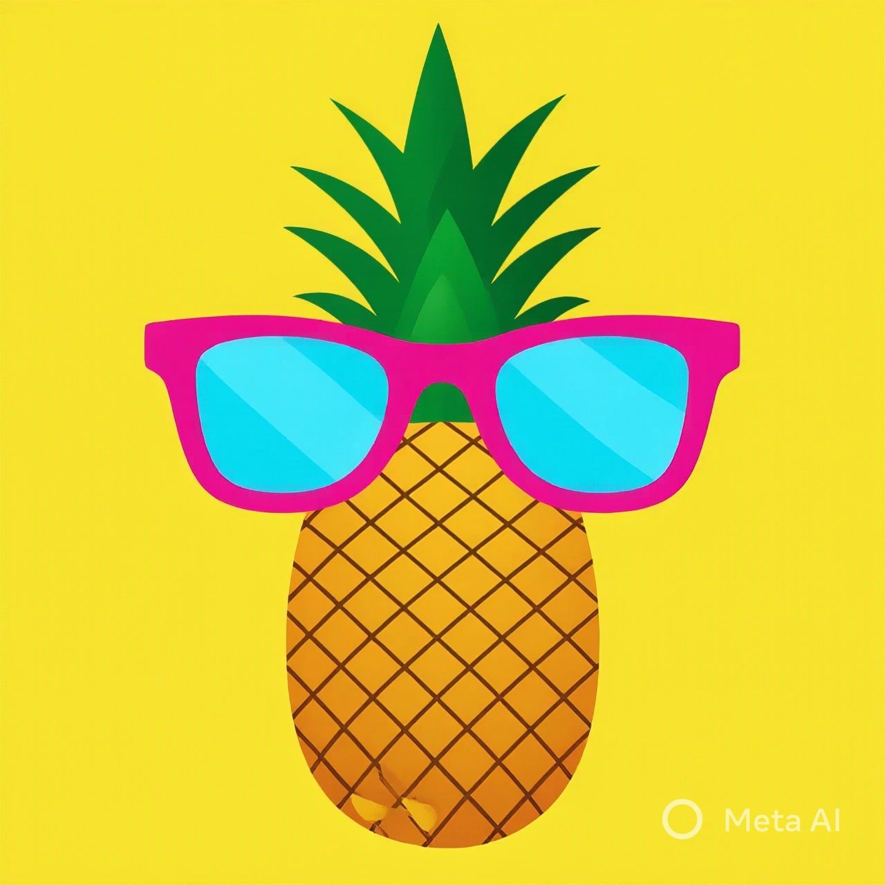 A pineapple with a green leafy top, wearing bright pink-rimmed sunglasses, set against a solid yellow background.