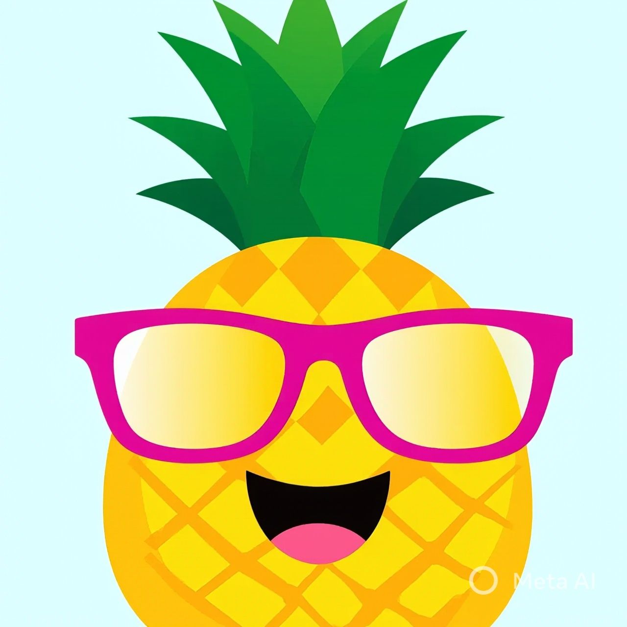 A cheerful pineapple character with a green leafy top, wearing bright pink glasses against a light blue background.