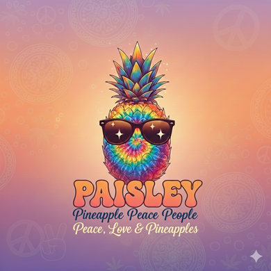 A tie-dye pineapple wearing sunglasses stands above text reading