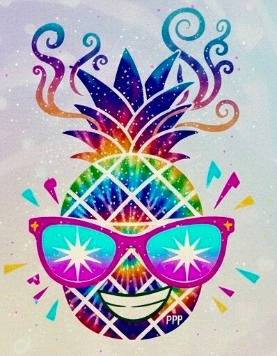 A tie-dye pineapple wearing pink sunglasses with a smiling mouth, surrounded by colorful, abstract swirl accents.
