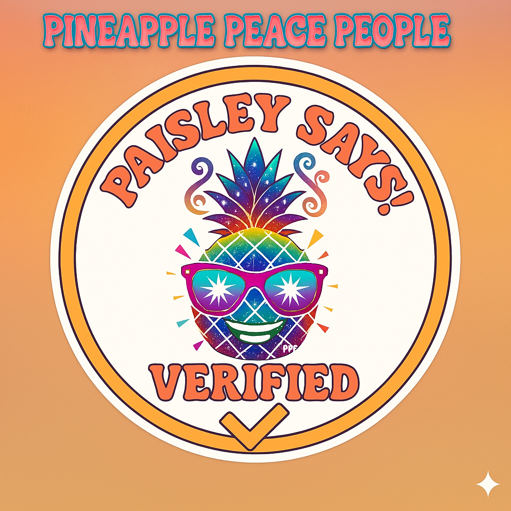 A colorful Paisley Pineapple wearing sunglasses in a round seal that reads 