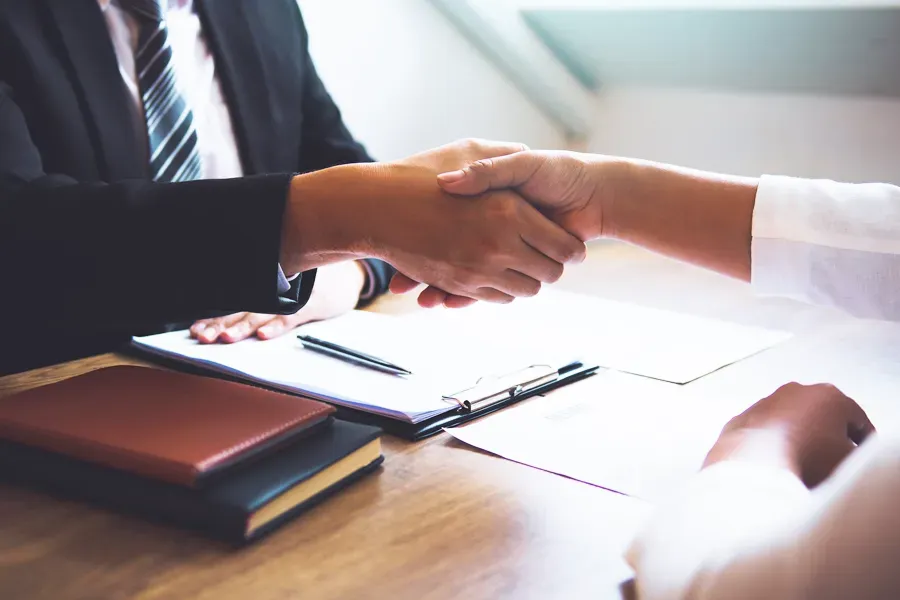 A man and a woman are shaking hands over a table.
