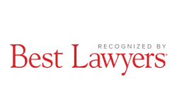 The logo for best lawyers is red and white and says recognized by best lawyers.