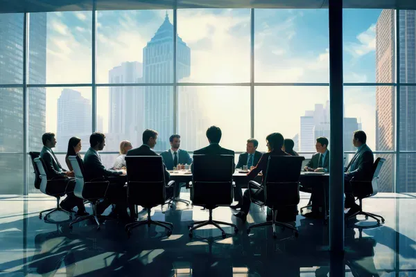A group of business people are sitting around a table in a conference room.