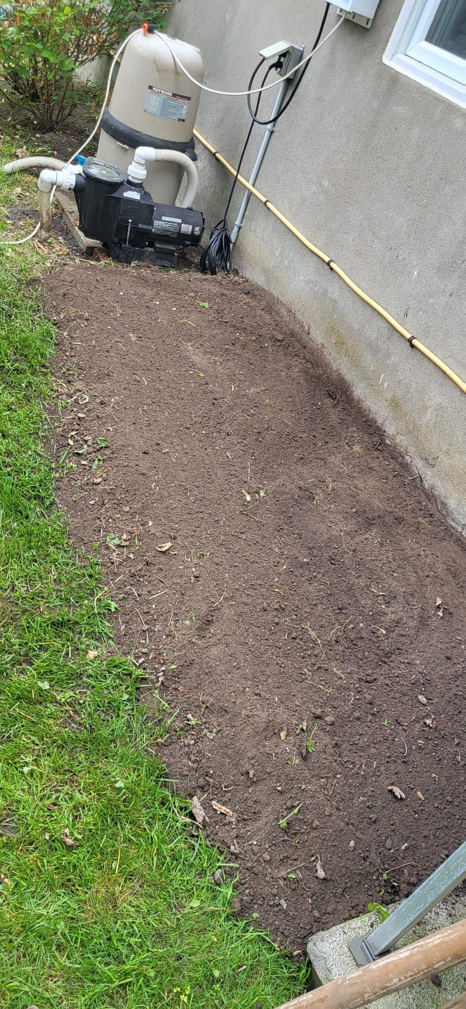 A vacuum cleaner is sitting on the side of a house next to a sidewalk.