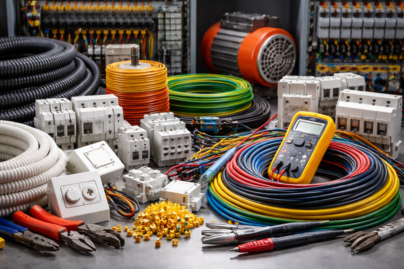 Vari articoli elettrici, tra cui fili, interruttori automatici, un motore e un multimetro, disposti su un piano di lavoro in officina.