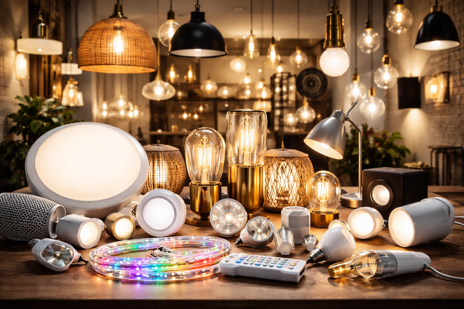 Una collezione di vari apparecchi di illuminazione per interni, lampade e lampadine decorative disposte su un tavolo di legno in un negozio.