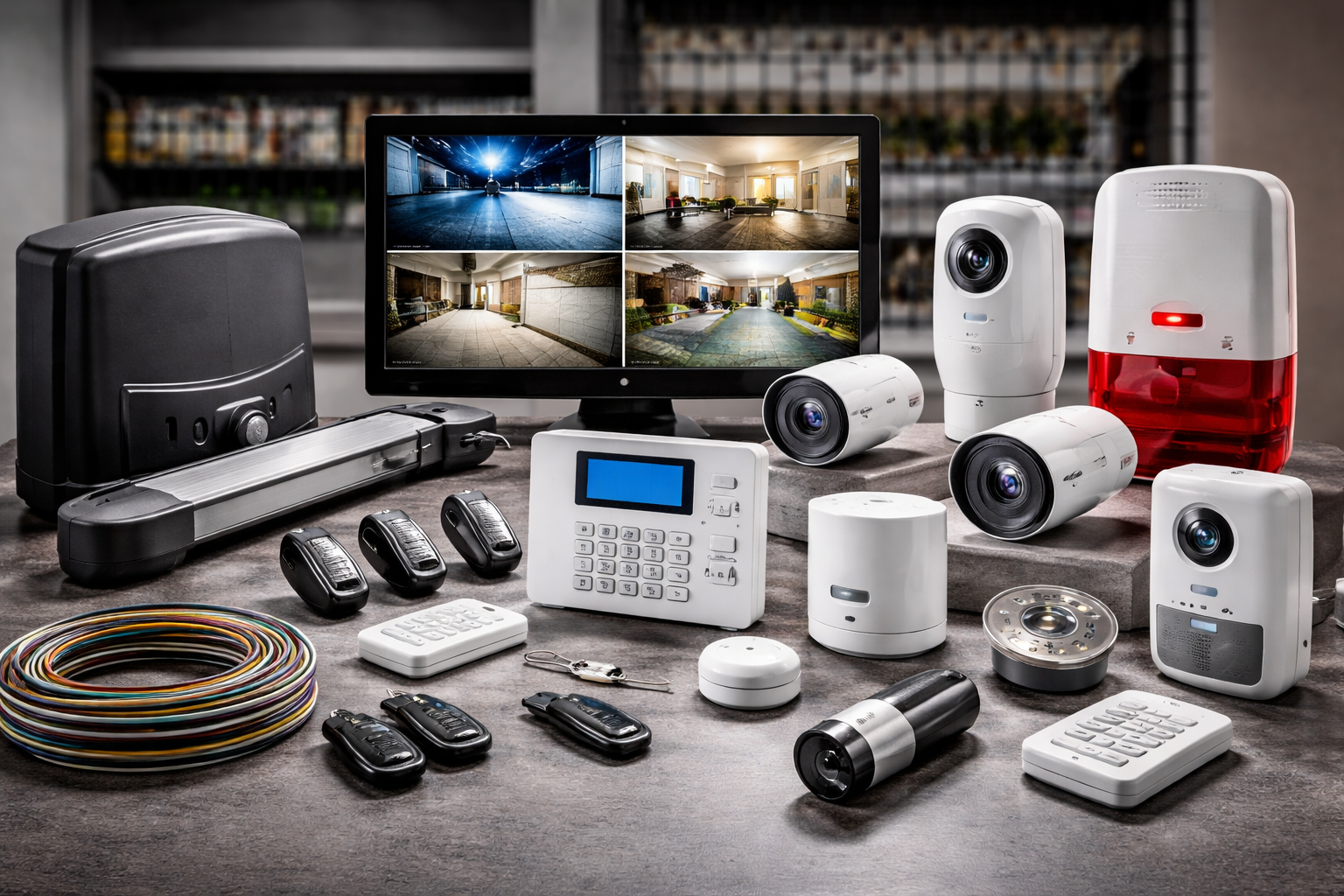 Un insieme di componenti di un sistema di sicurezza domestica, tra cui telecamere, un monitor, un pannello di controllo e cavi, su una superficie grigia.