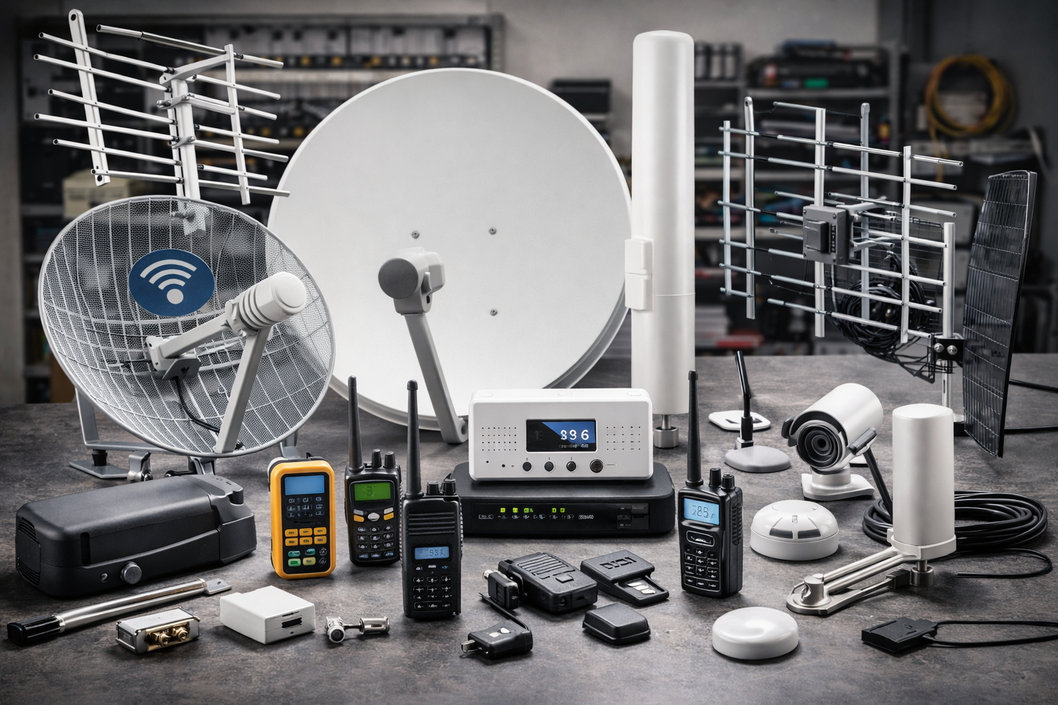 Una collezione di apparecchiature per le telecomunicazioni, tra cui antenne, parabole satellitari, radio e una console di controllo bianca.