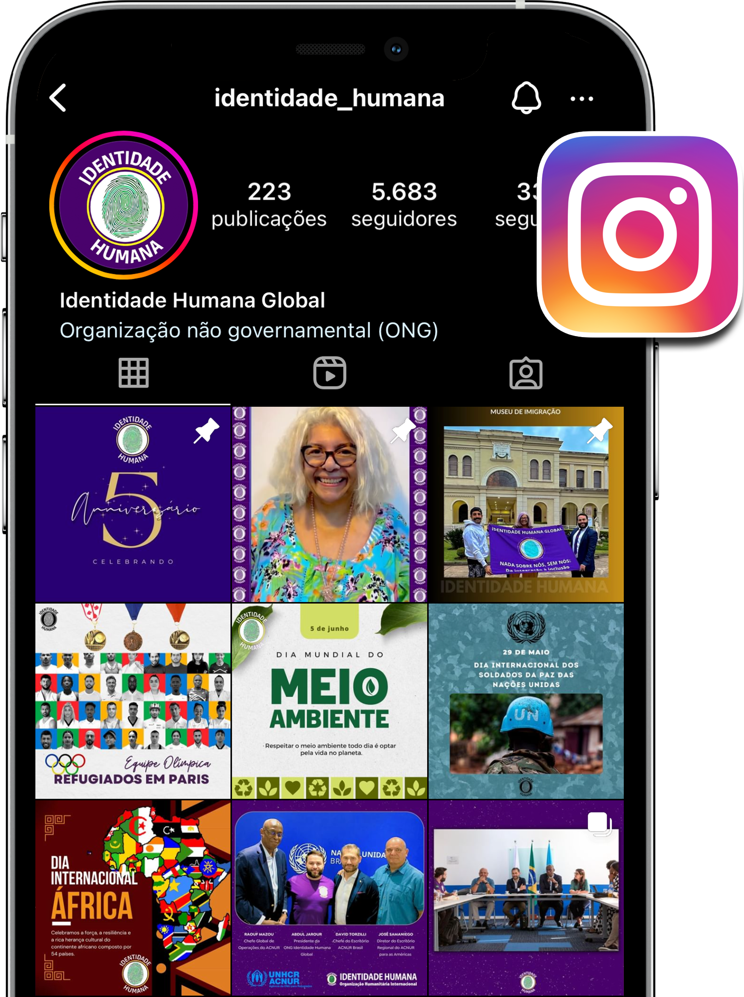 Mockup de celular com perfil do Instagram da Identidade Humana