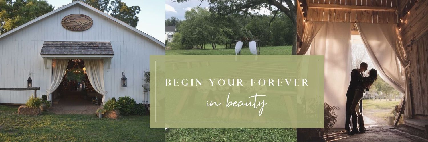 Wedding venue collage with white barn, green floral quote panel, and couple in a lit tent at sunset