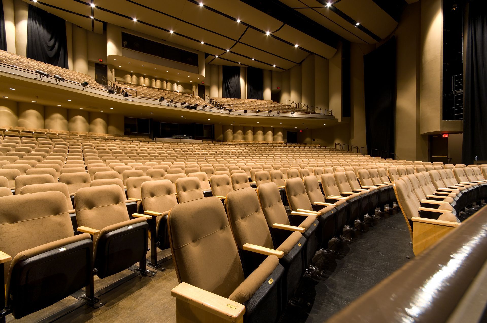 Empty theater with rows of tan seats curving towards the stage. Dark curtains and wood accents are visible.