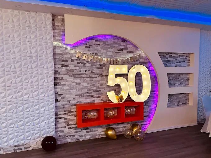 50th birthday backdrop with lit up numbers and 