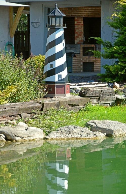 A black and white spiral-striped lighthouse ornament stands by a calm, green pond near a brick building.