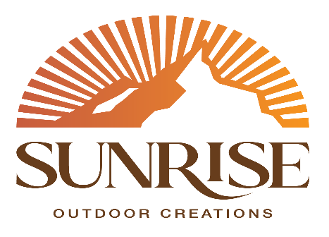 Sunrise logo with mountain silhouette, orange sunburst background, and brown text.