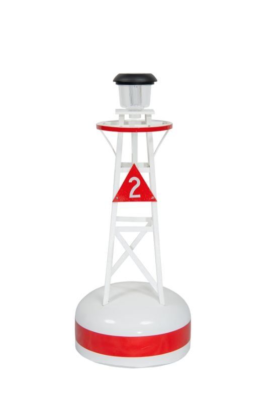 White and red channel marker buoy with number 2.
