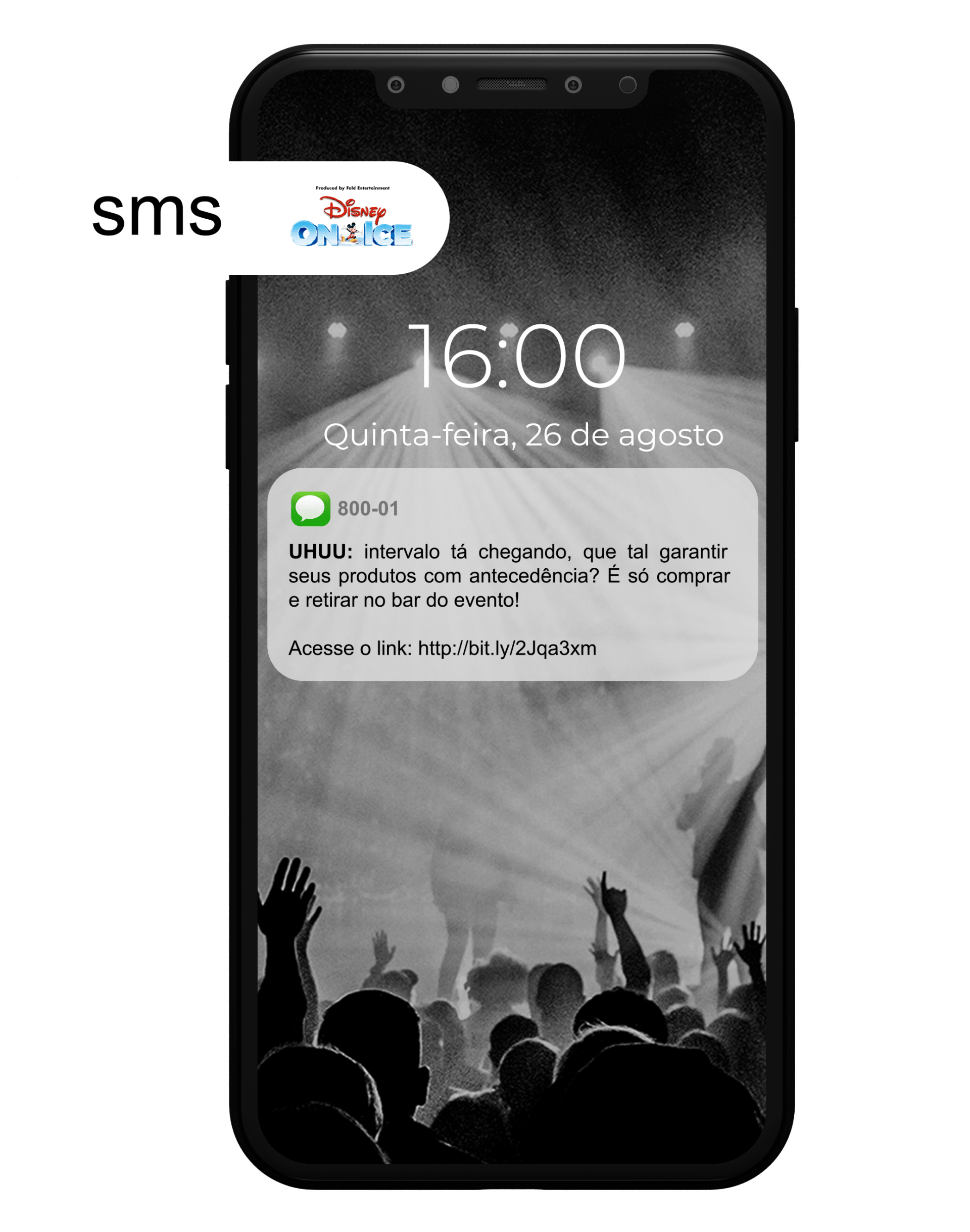 Celular com notificação de SMS sobre um evento