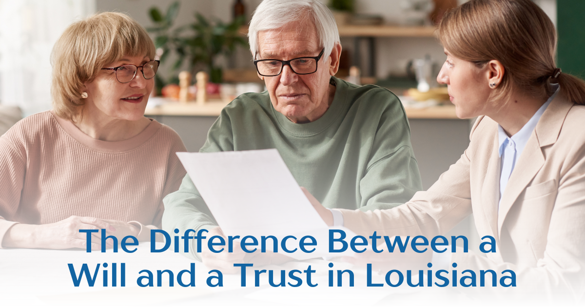 Three people reviewing a document, with text about the difference between a will and a trust in Louisiana