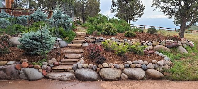 A stone walkway surrounded by rocks and plants in a garden.
