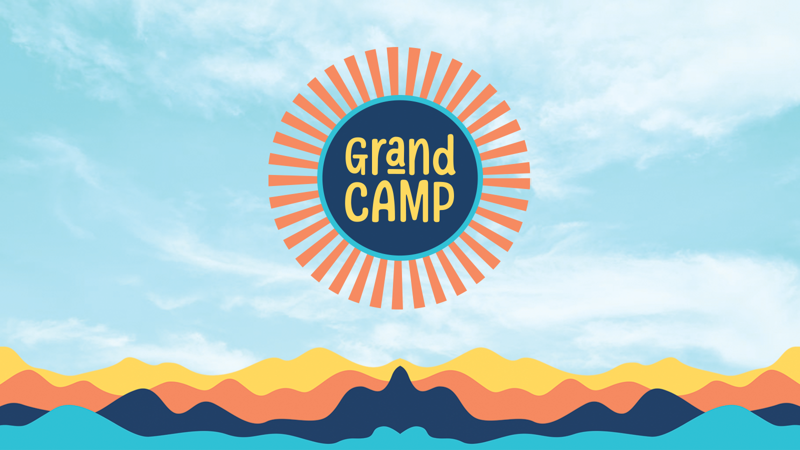 Grand Camp logo in a blue circle with orange rays over a colorful mountain landscape