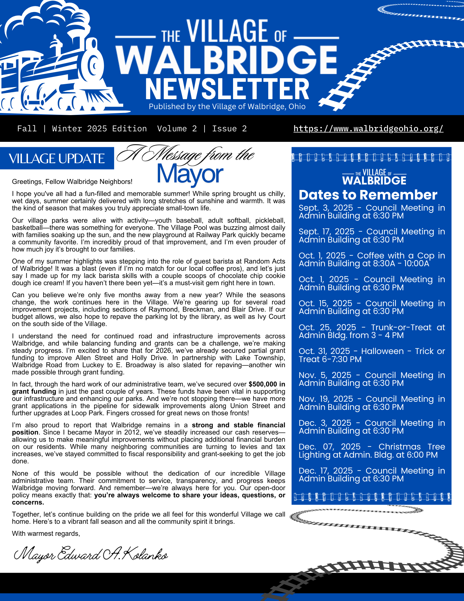It's HERE - The Village of Walbridge Fall | Winter 2025 Newsletter - V2 | I2 - Hot of the presses!  Click on the IMAGE to DOWNLOAD a COPY now! 