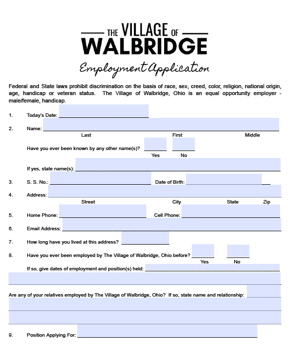 Employment Application Village of Walbridge