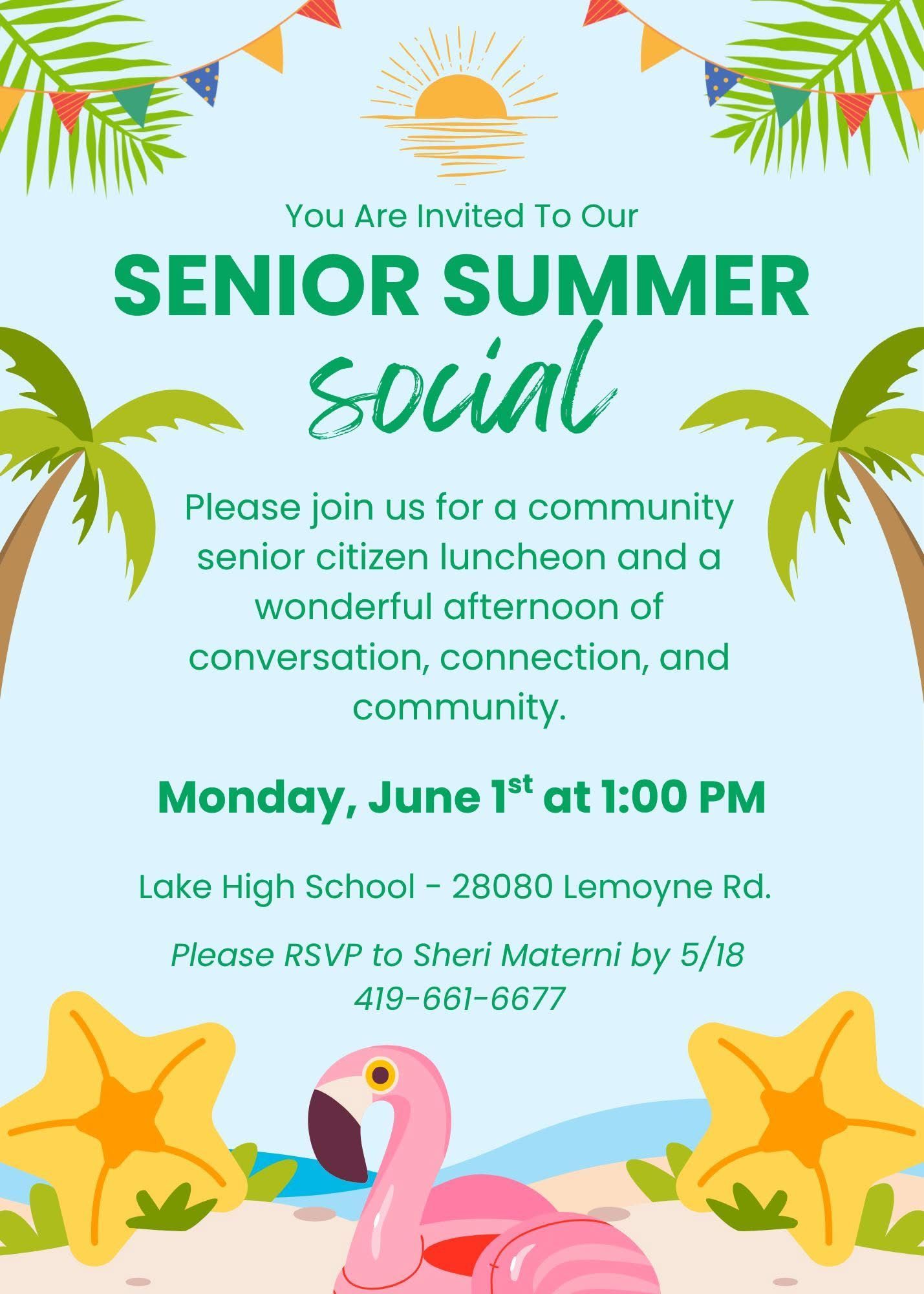 Summer flyer with a beach scene noting the Senior Summer Social at Lake High School taking place on June 1 at 1:00 pm. RSVP to Sheri Materni by 5/18 by calling 419-661-6677.