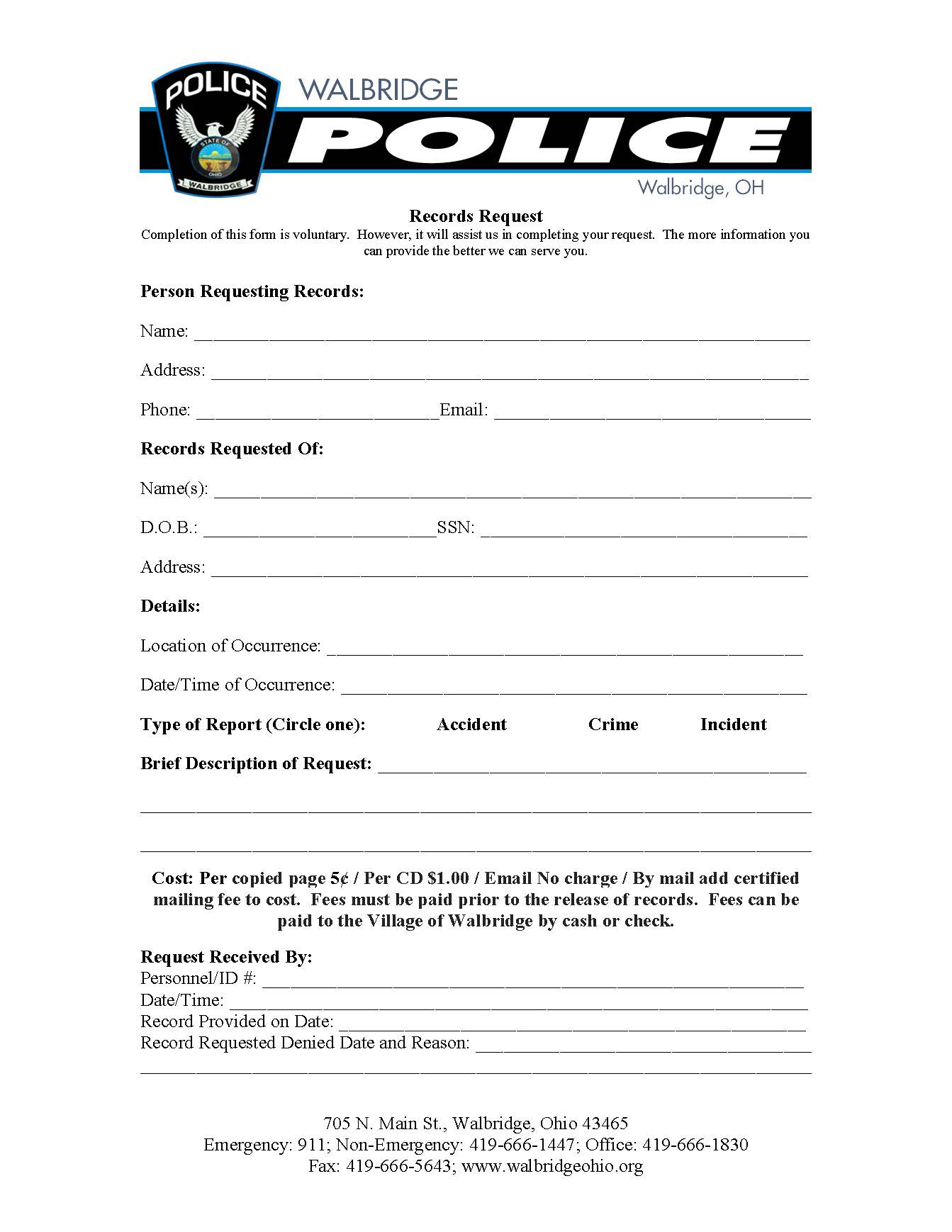 Village of Walbridge Ohio Police Records Request Form
