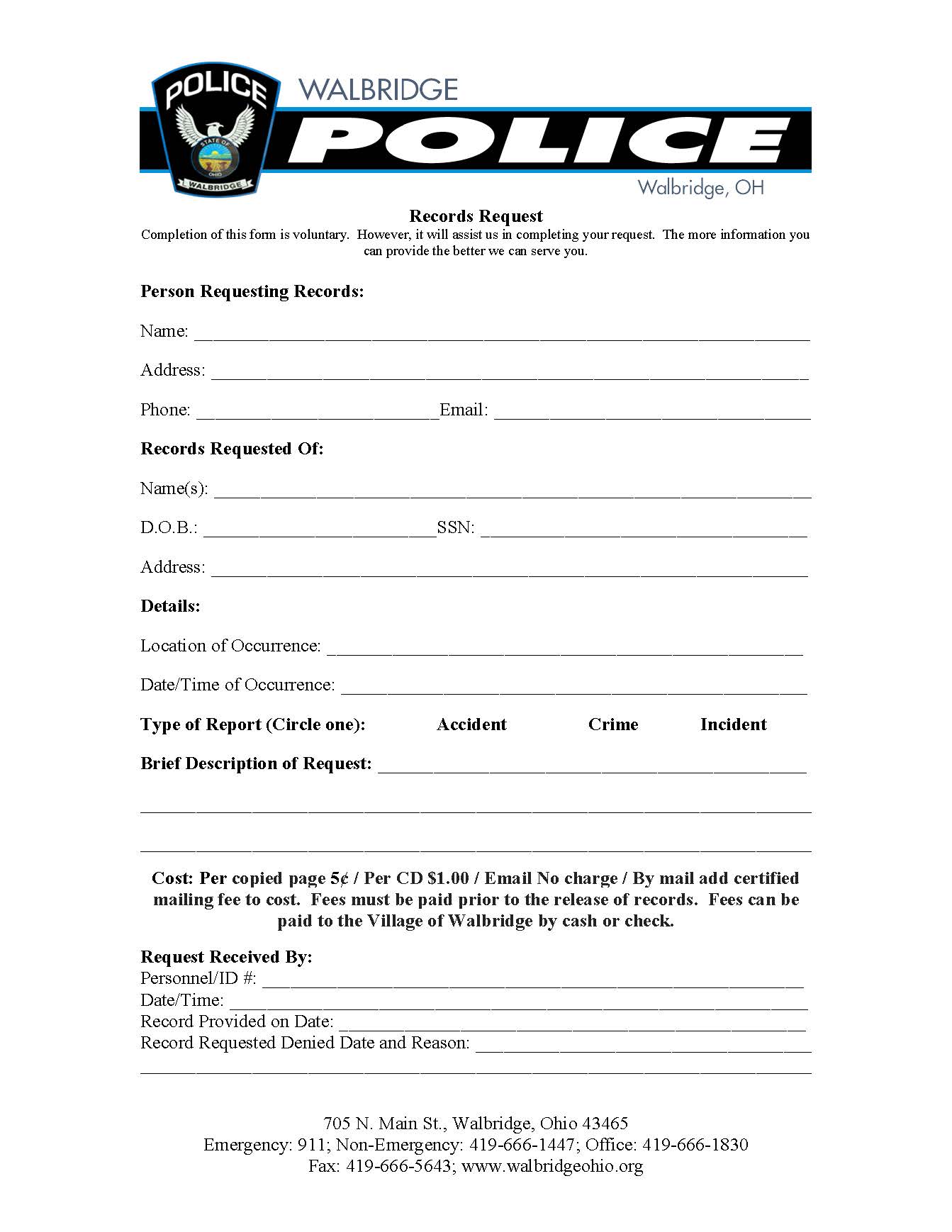 Village Of Walbridge Ohio Police Records Request