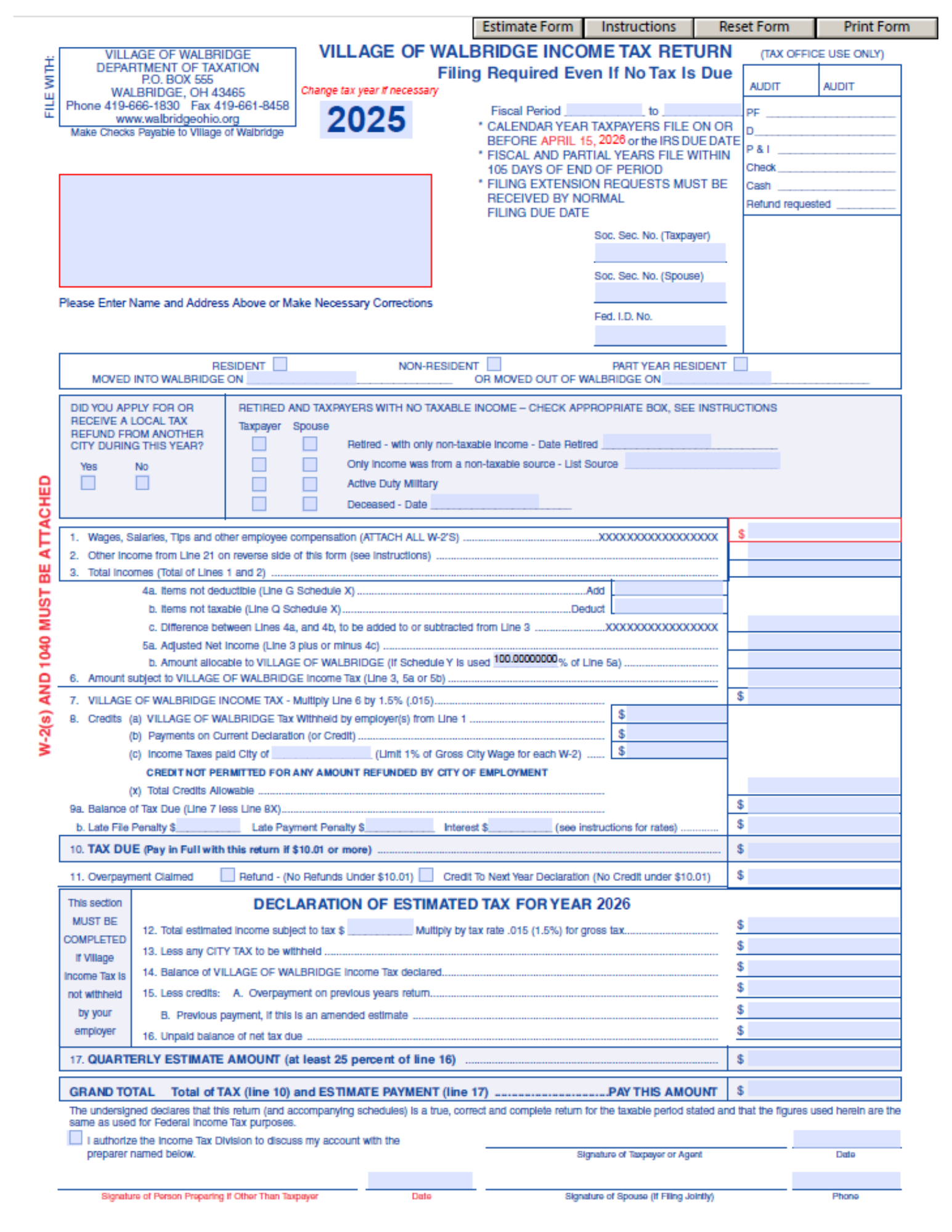 2024 Village of Walbridge Income Tax Return