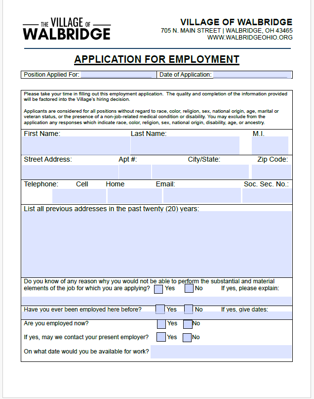 Employment Application Village of Walbridge - 2026