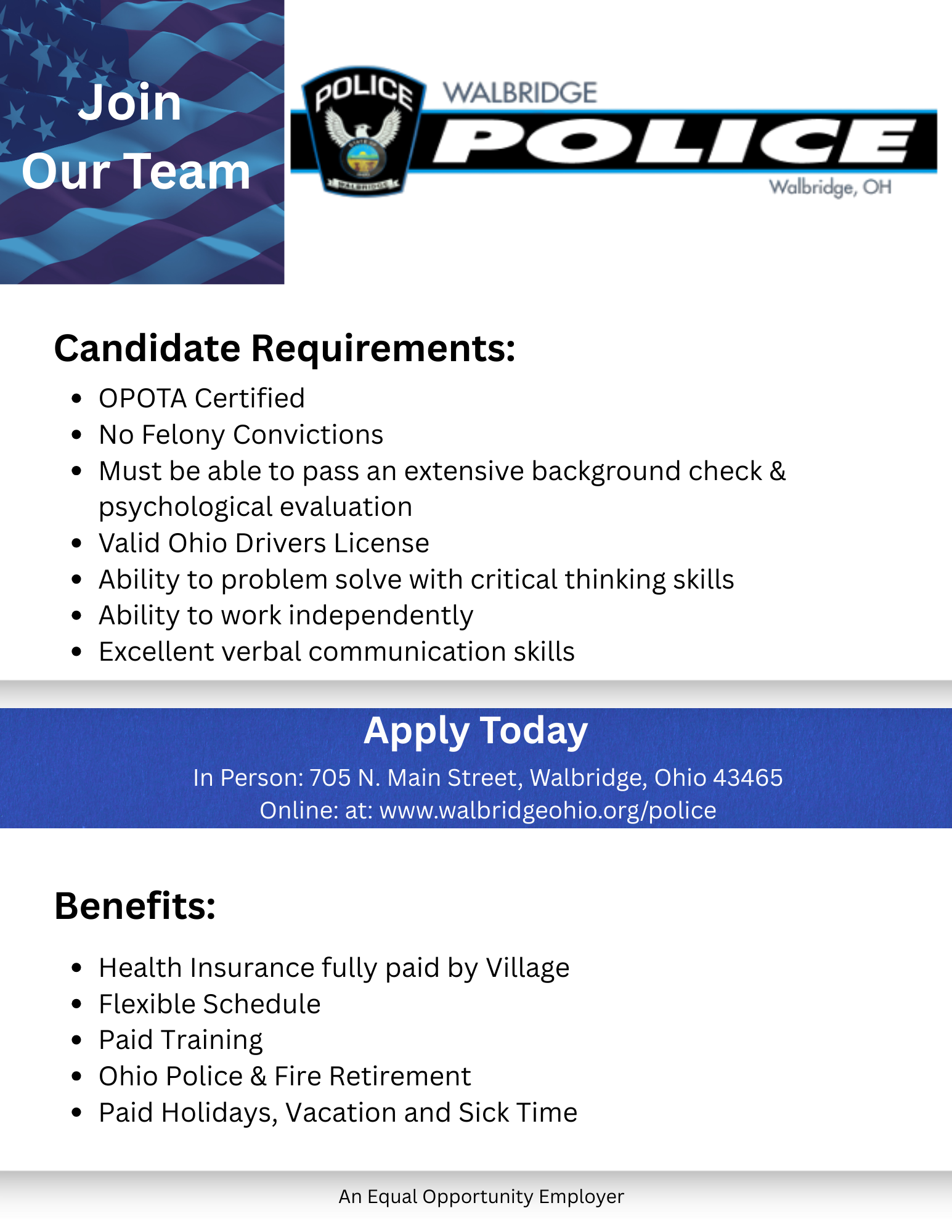 Join our Team - Walbridge Police Department Requirements & Benefits