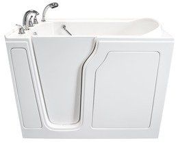 A white walk in tub with a door and a shower head.