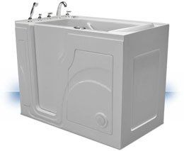 A white walk in tub with a door and faucets