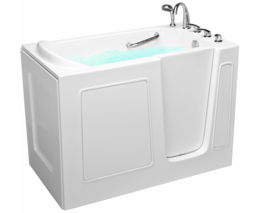 A white walk in tub with a door and handles