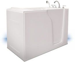 A white walk in tub with a door and faucets