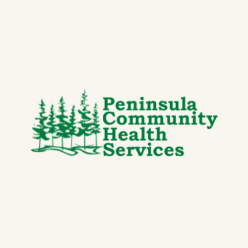 A logo for peninsula community health services with trees in the background