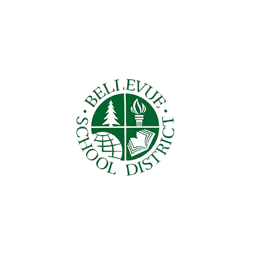 The bellvue school district logo is a green circle with four icons in it.