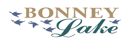 A logo for bonney lake with birds flying around it.