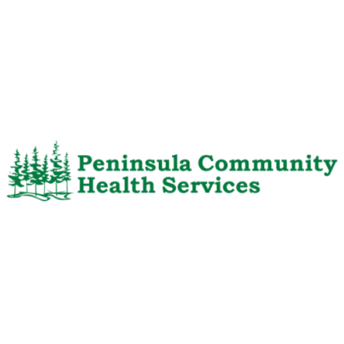 A logo for peninsula community health services with trees in the background