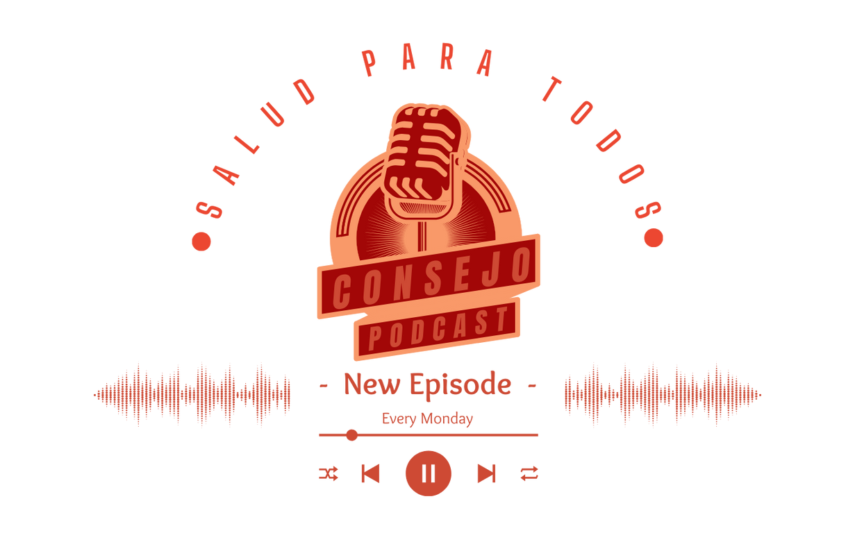 A logo for consejo podcast with a microphone in the center
