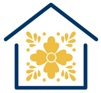 A blue house with a yellow flower inside of it.