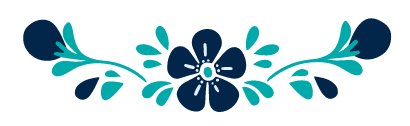 A blue flower with green leaves on a white background.