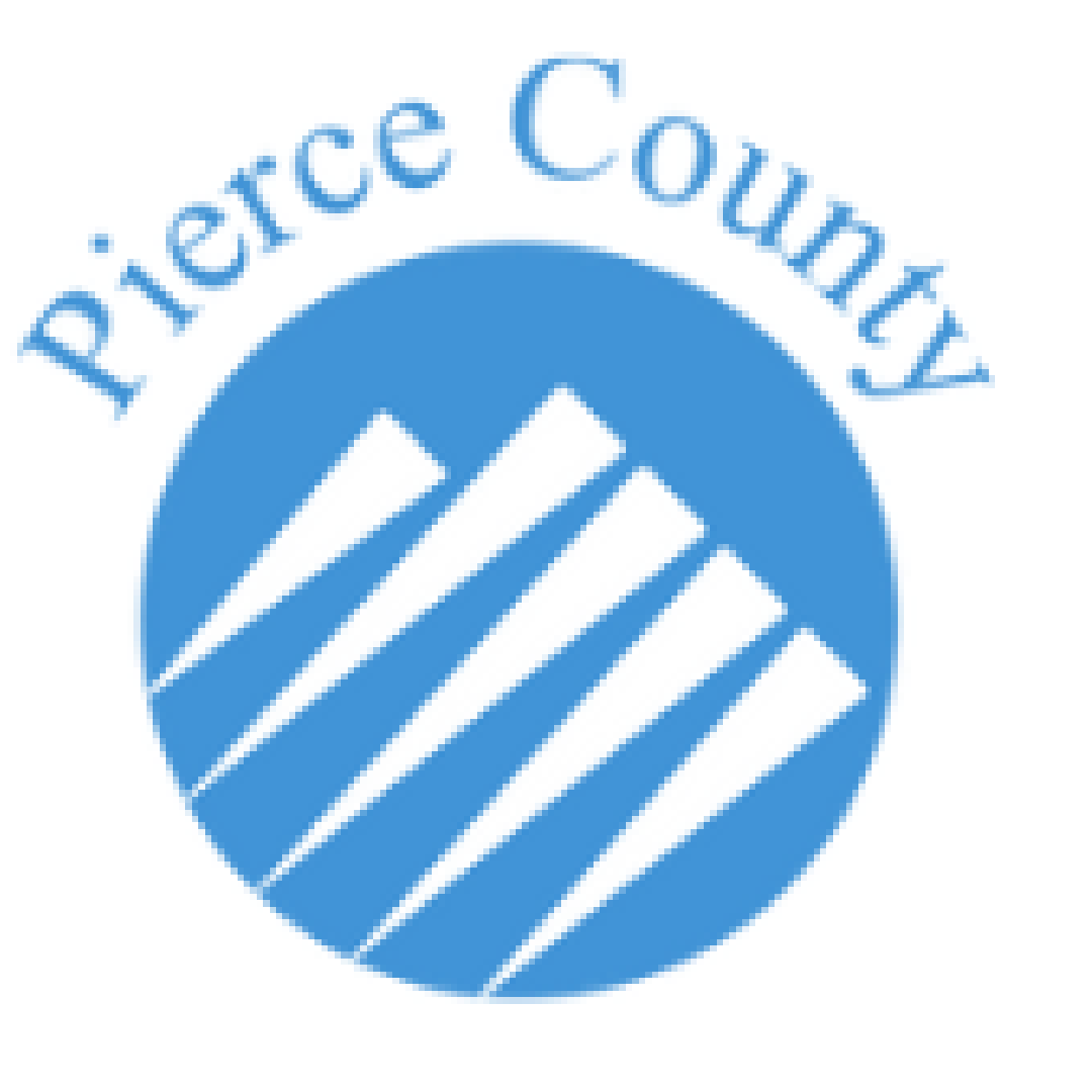 The pierce county logo is a blue circle with a mountain in the middle.