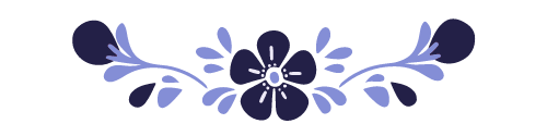 A blue flower with leaves on a white background.