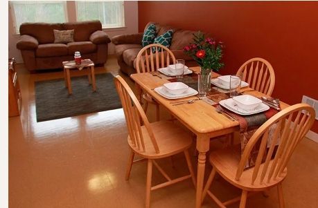 A living room with a dining table and chairs and a couch