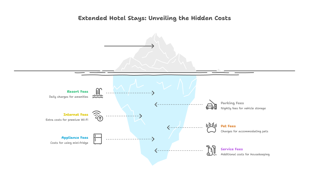 Iceberg graphic highlighting hidden hotel costs such as resort fees, internet upgrades, appliance fees, parking, pet fees, and housekeeping over extended stays.