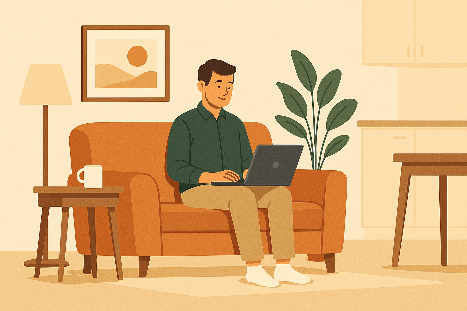 Man on a couch using a laptop in a home office setting.
