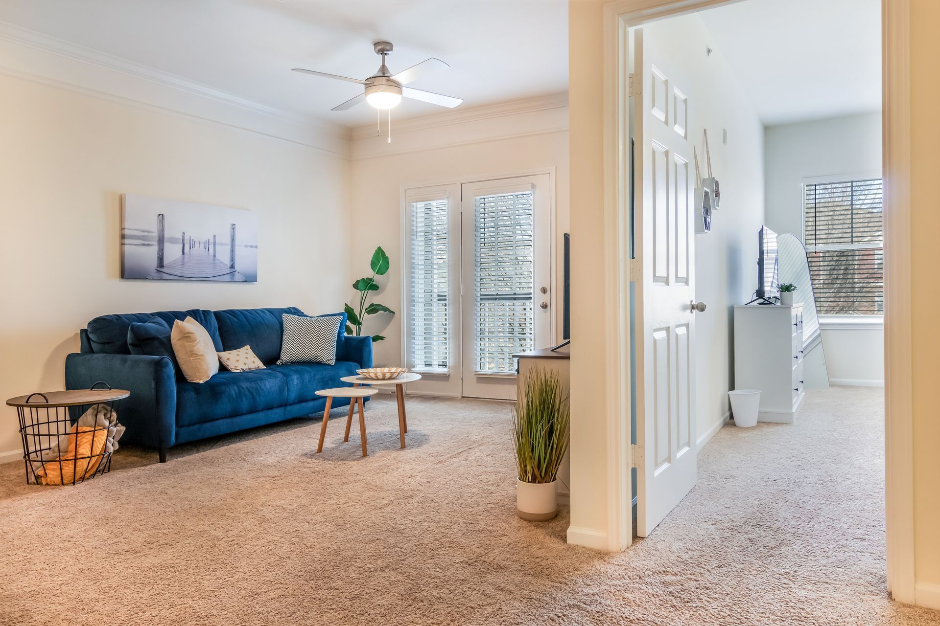 Living room with a blue couch and a ceiling fan in Johnson City.