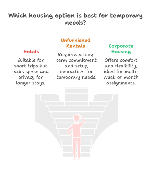 Comparison of housing options for temporary needs: hotels suit short trips but lack space and privacy; unfurnished rentals require long commitments and setup; corporate housing offers comfort and flexible terms for multi-week or monthly assignments.